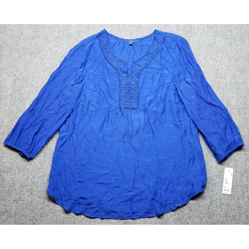 Apt 9 Blouse Womens XL Royal Blue Solid Split Neck 3/4 Sleeve Pullover New